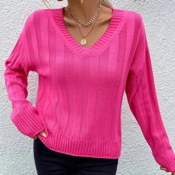 V-Neck Pullover Long sleeved knit Sweater top spring fall PINK - Picture 2 of 6